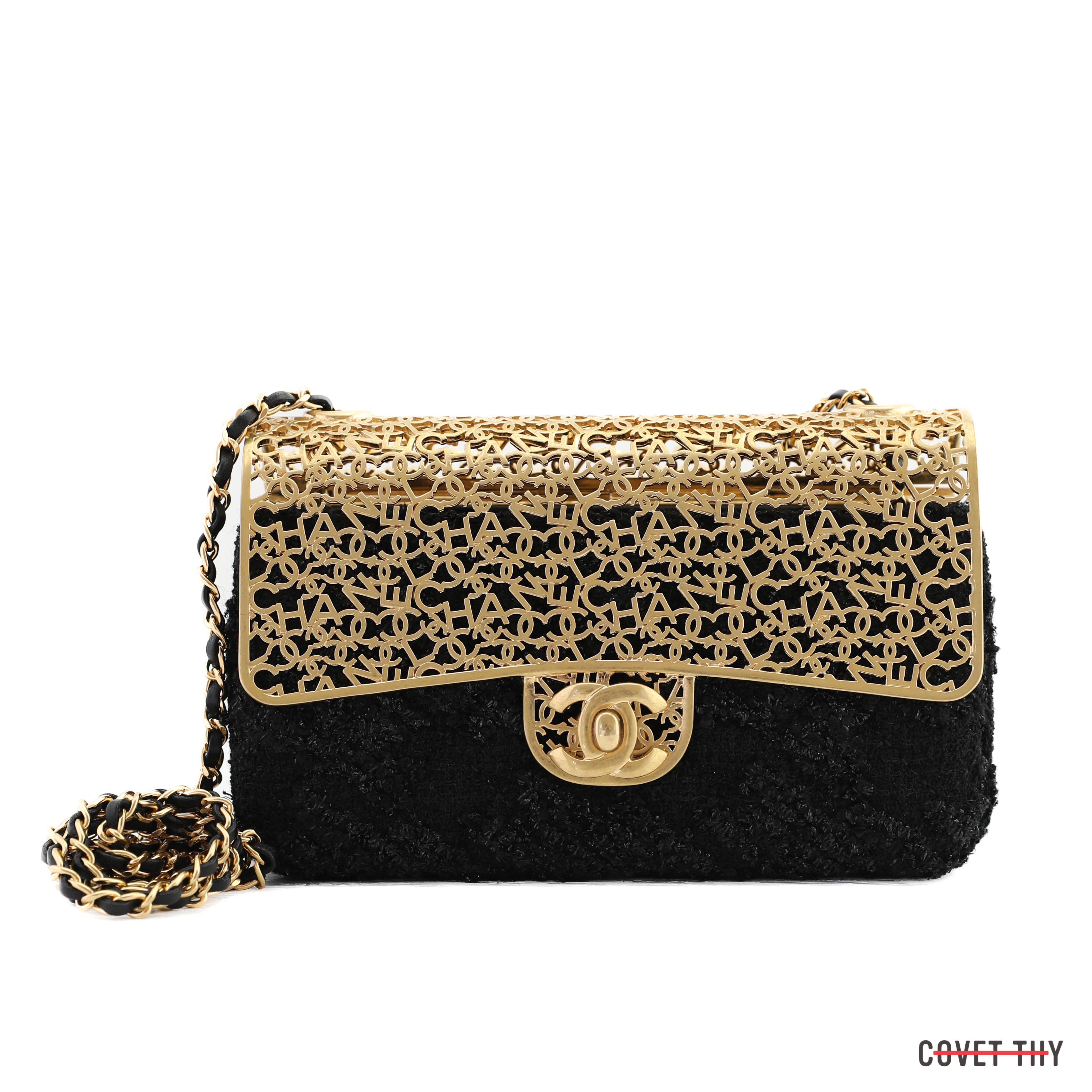 Auth Chanel Tweed Chain Shoulder Cross Body Bag Gold Fittings Leather Strap