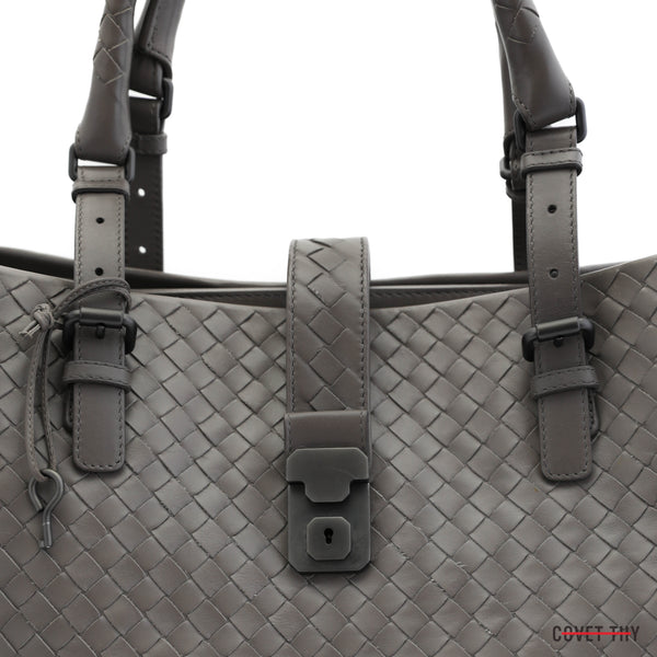 Bottega Veneta Taupe Roma Intrecciato Medium Woven Two Handle Tote Bag w/ Duster