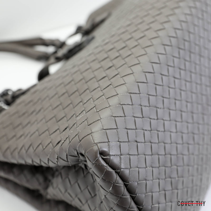 Bottega Veneta Taupe Roma Intrecciato Medium Woven Two Handle Tote Bag w/ Duster