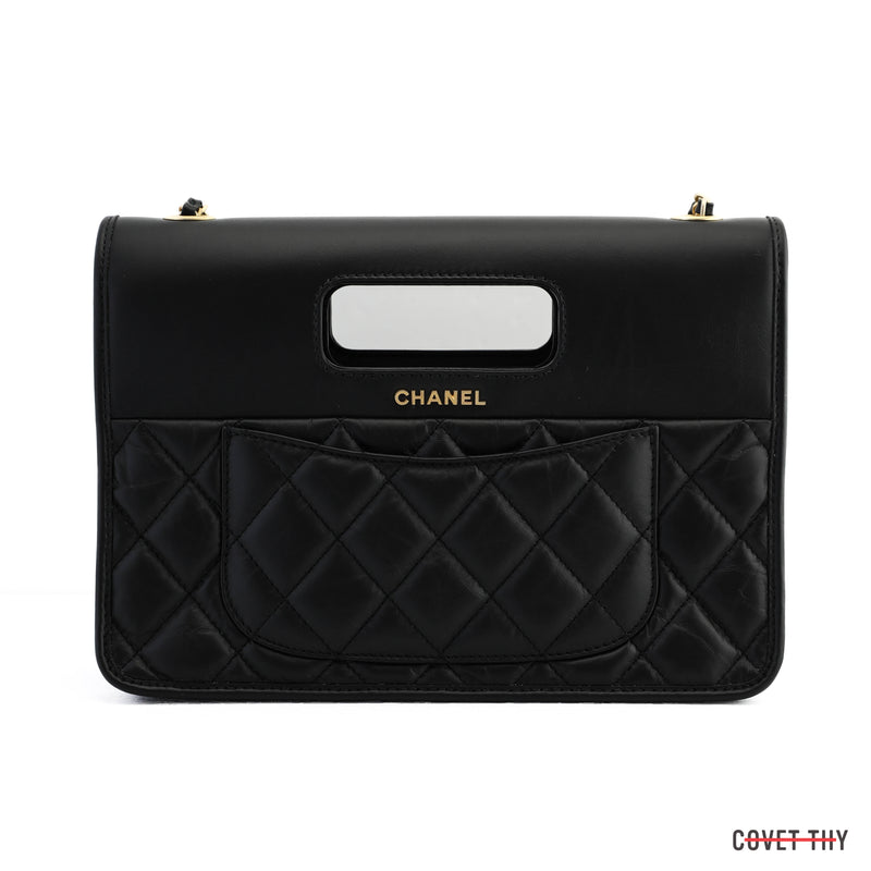 CHANEL Lambskin Quilted Chain Infinity Top Handle Flap Black 1141524