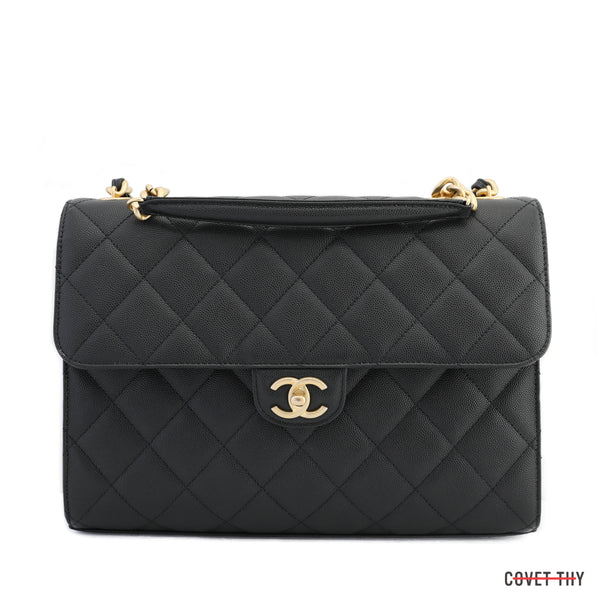 Chanel Caviar Black Diamond Quilted Large Satchel CC, w/ Gold Chain 2022