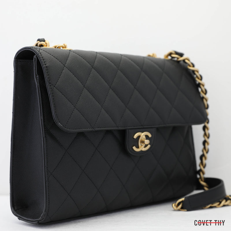 Chanel Caviar Black Diamond Quilted Large Satchel CC, w/ Gold Chain 2022