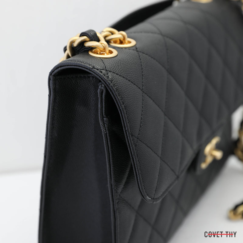 Chanel Caviar Black Diamond Quilted Large Satchel CC, w/ Gold Chain 2022