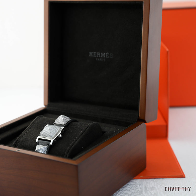 Hermes Diamond Medor Diamond Quartz Watch with Black Alligator Strap, Stainless Steel, Box