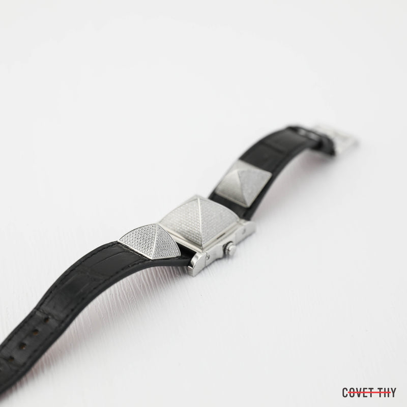 Hermes Diamond Medor Diamond Quartz Watch with Black Alligator Strap, Stainless Steel, Box