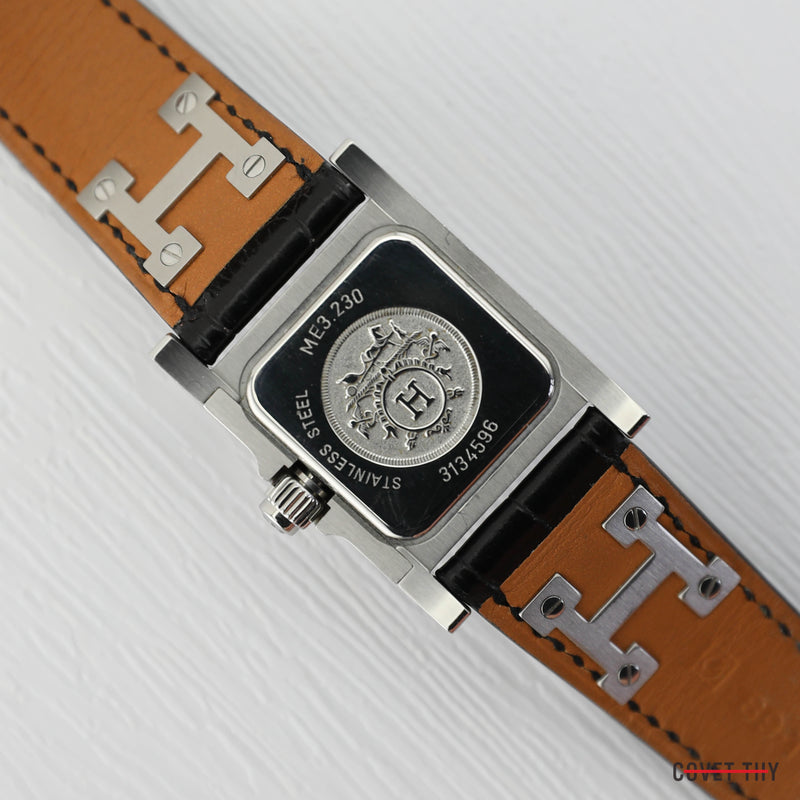 Hermes Diamond Medor Diamond Quartz Watch with Black Alligator Strap, Stainless Steel, Box