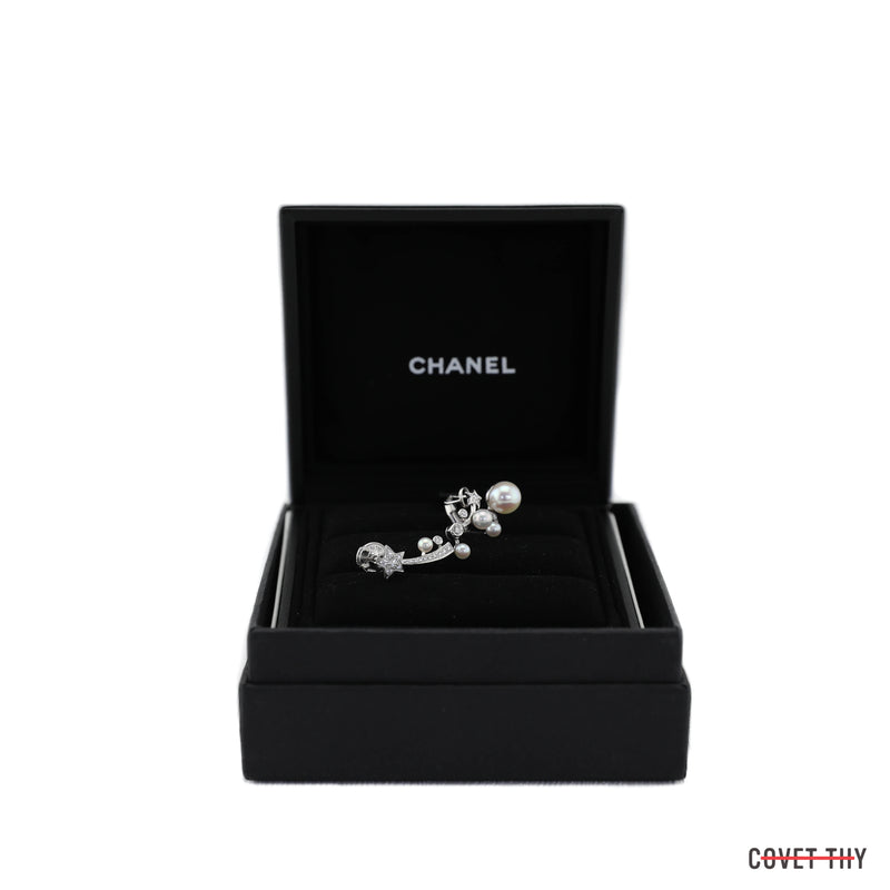 Chanel Comete Perlee Ear Cuff, Pierced 18k White Gold, 26 Diamonds, 5 Cultured Pearls