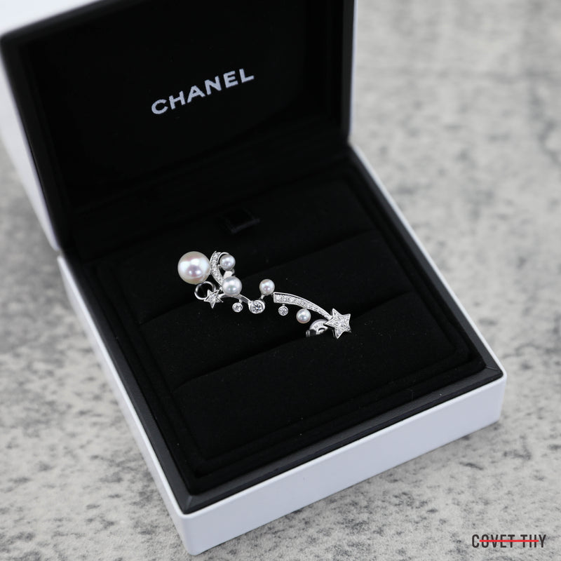 Chanel Comete Perlee Ear Cuff, Pierced 18k White Gold, 26 Diamonds, 5 Cultured Pearls