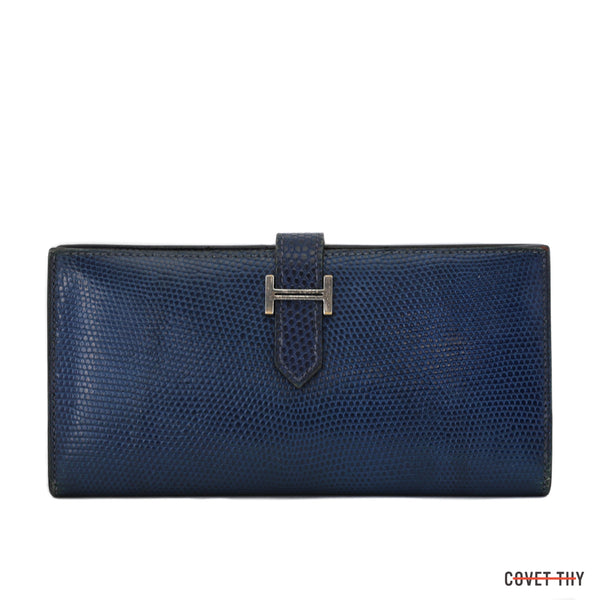 Hermes Blue Lizard Bi Fold Bearn Wallet with Palladium Hardware