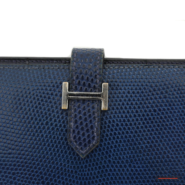 Hermes Blue Lizard Bi Fold Bearn Wallet with Palladium Hardware