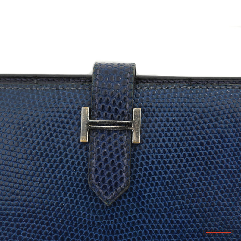 Hermes Blue Lizard Bi Fold Bearn Wallet with Palladium Hardware