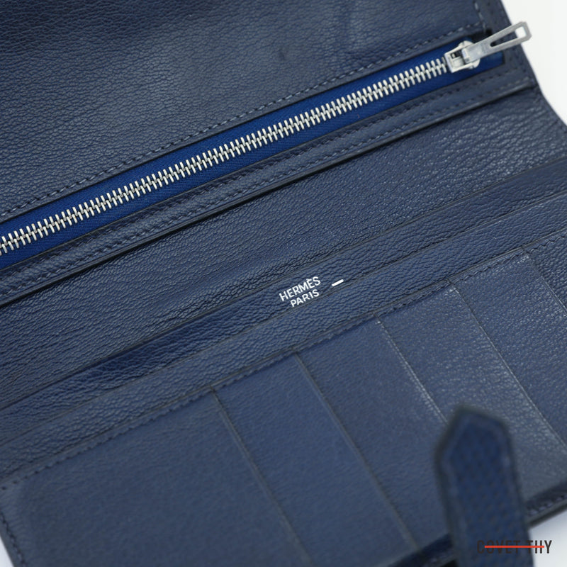Hermes Blue Lizard Bi Fold Bearn Wallet with Palladium Hardware