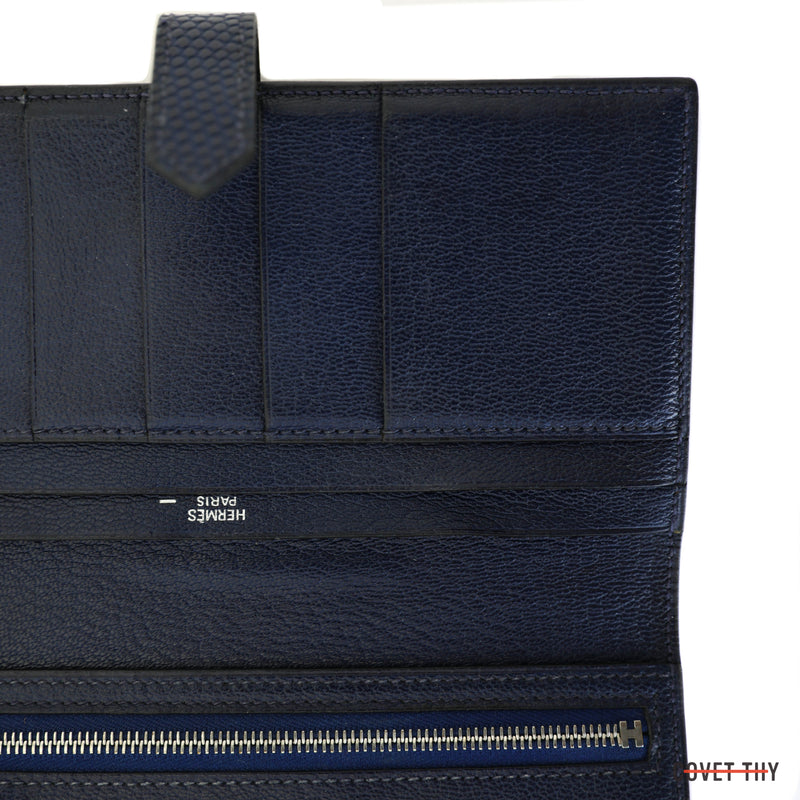 Hermes Blue Lizard Bi Fold Bearn Wallet with Palladium Hardware