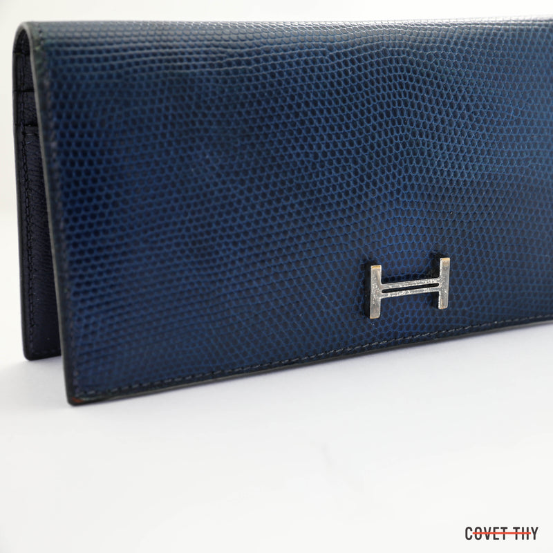 Hermes Blue Lizard Bi Fold Bearn Wallet with Palladium Hardware