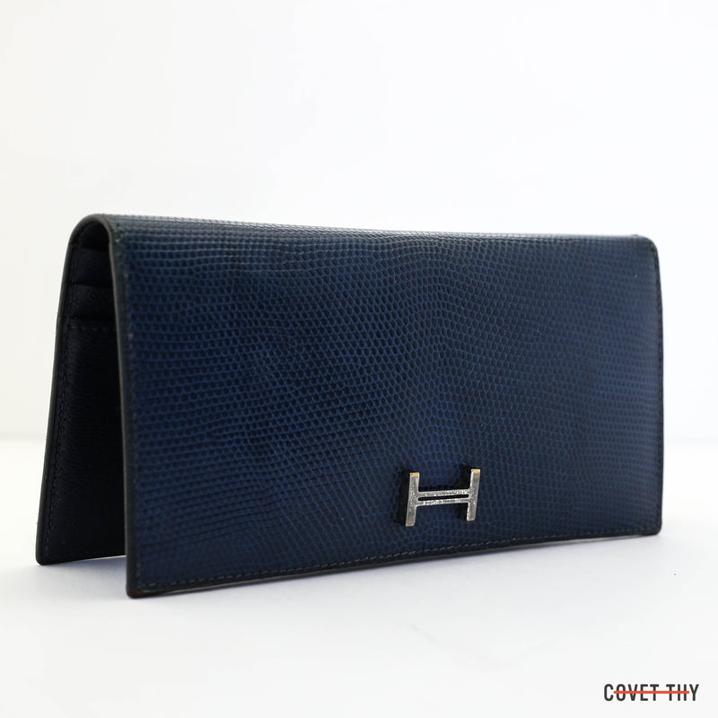 Hermes Blue Lizard Bi Fold Bearn Wallet with Palladium Hardware