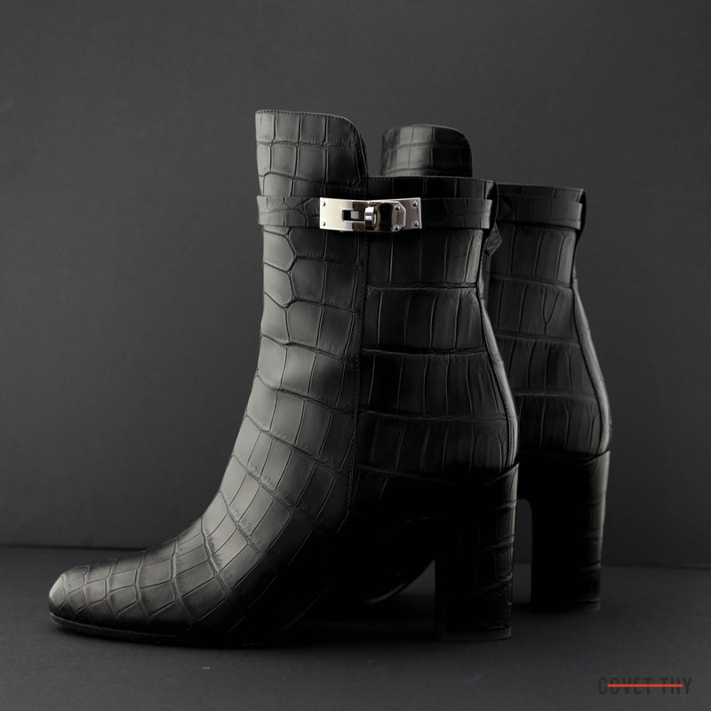 Hermes Joueuse Ankle Boot with Palladium Buckle, Noir Croco