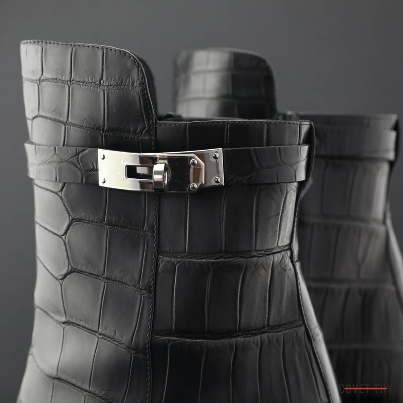 Hermes Joueuse Ankle Boot with Palladium Buckle, Noir Croco