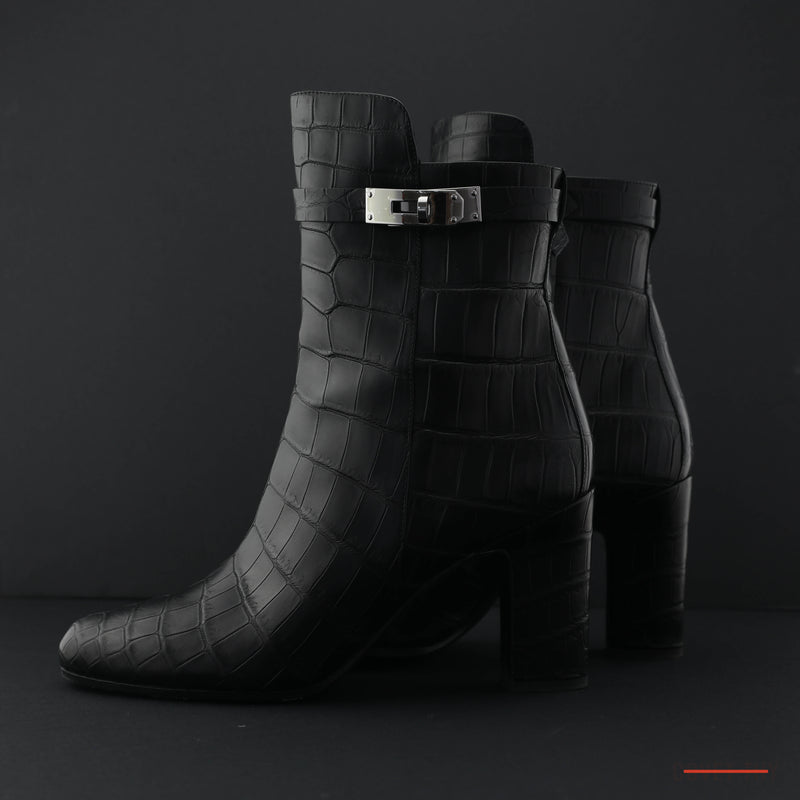Hermes Joueuse Ankle Boot with Palladium Buckle, Noir Croco