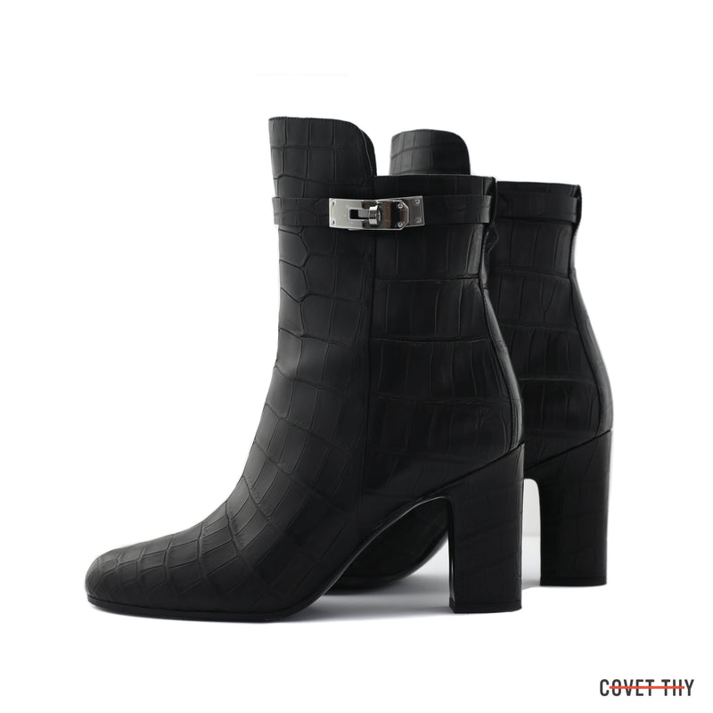 Noir Croco Hermes Joueuse Ankle Boots with Kelly-style Palladium Buckle