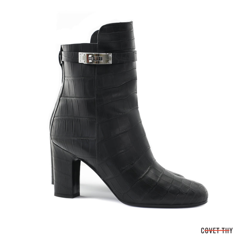 Hermes Joueuse Ankle Boot with Palladium Buckle, Noir Croco