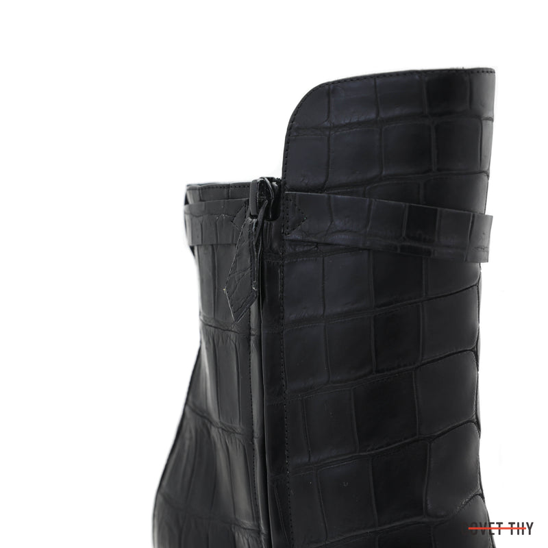 Hermes Joueuse Ankle Boot with Palladium Buckle, Noir Croco