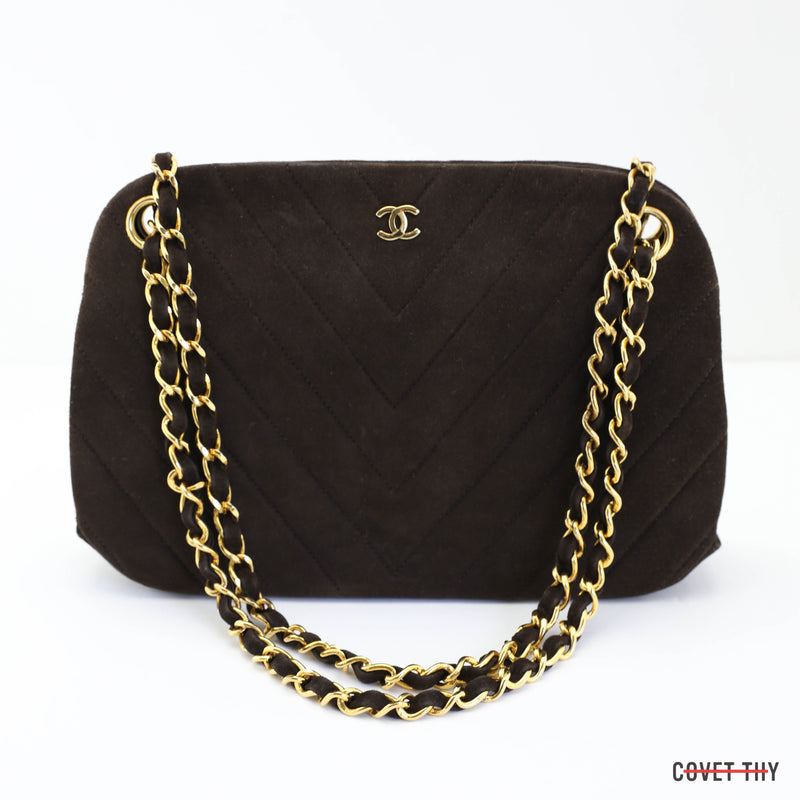 Chanel Chevron CC Suede Handbag with Gold Chain, Chocolate Brown