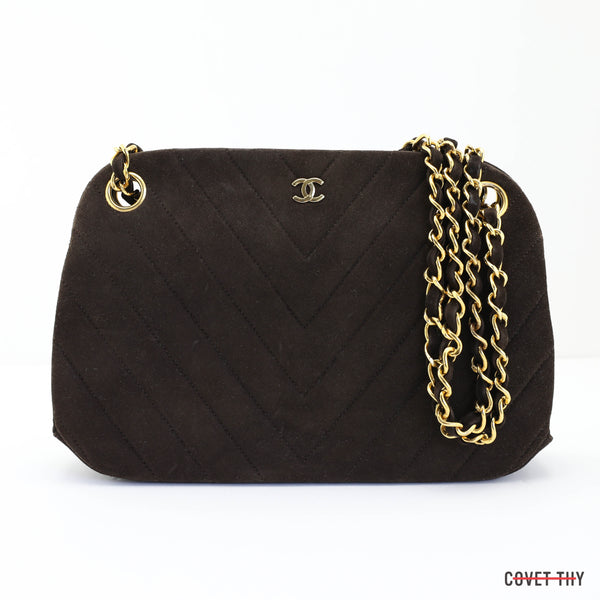 Chocolate Brown Chevron CC Chanel Suede Handbag with Gold Chain