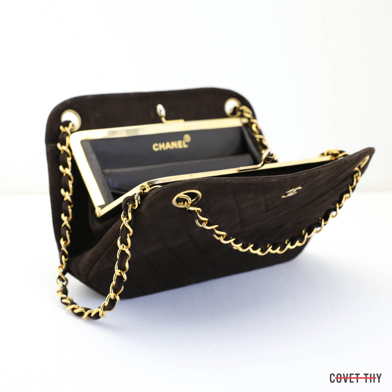 Chanel Chevron CC Suede Handbag with Gold Chain, Chocolate Brown