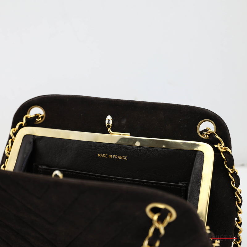 Chanel Chevron CC Suede Handbag with Gold Chain