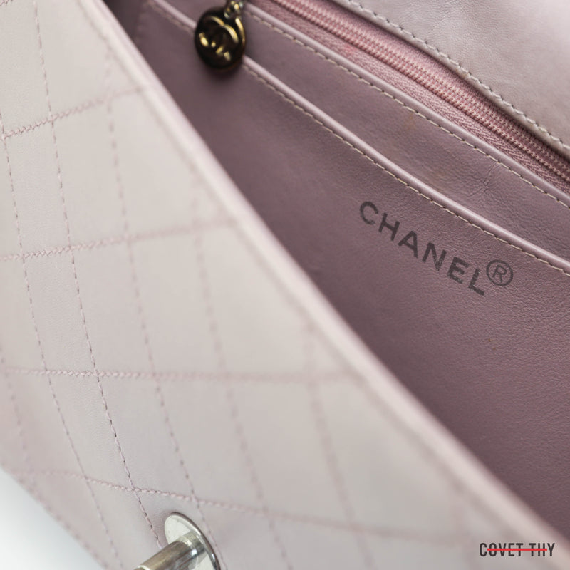 Chanel Quilted Flap Handbag with Silver Chain, Lilac Pastel