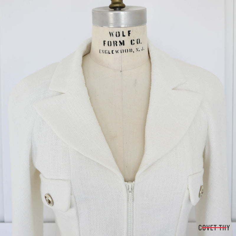 Chanel Womens White Tweed CC Cotton Zip Blazer, Size 36