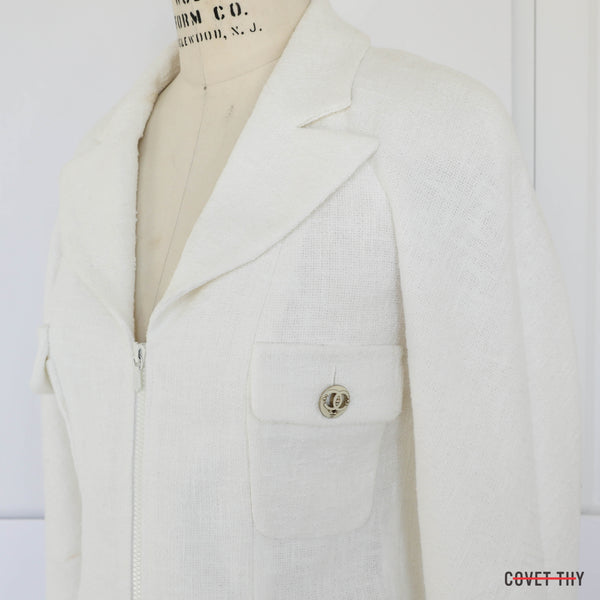 Size 36 White Tweed Chanel Cotton Zip Blazer