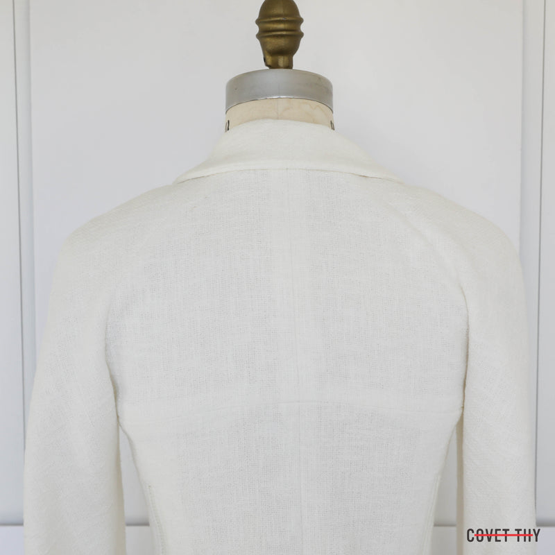 Chanel Womens White Tweed CC Cotton Zip Blazer, Size 36