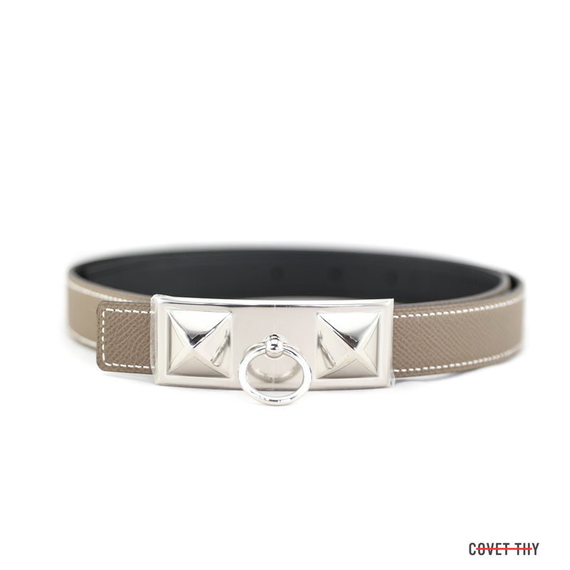 Reversible Epsom and Swift Leather Hermes Belt in Noir and Etoupe 