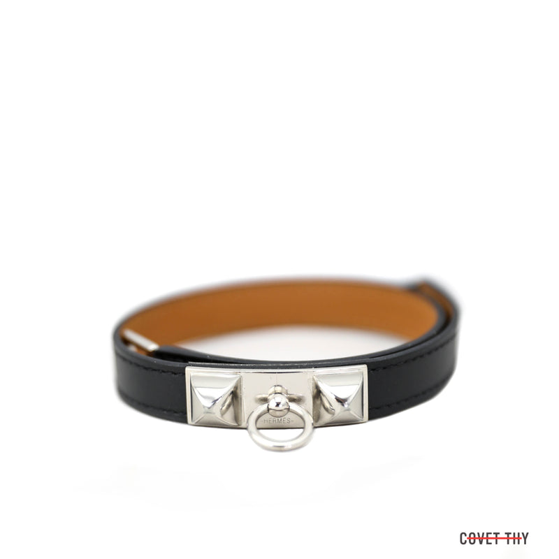 Size Small Hermes Rivale Double Tour Bracelet in Noir Calfskin with Palladium Hardware