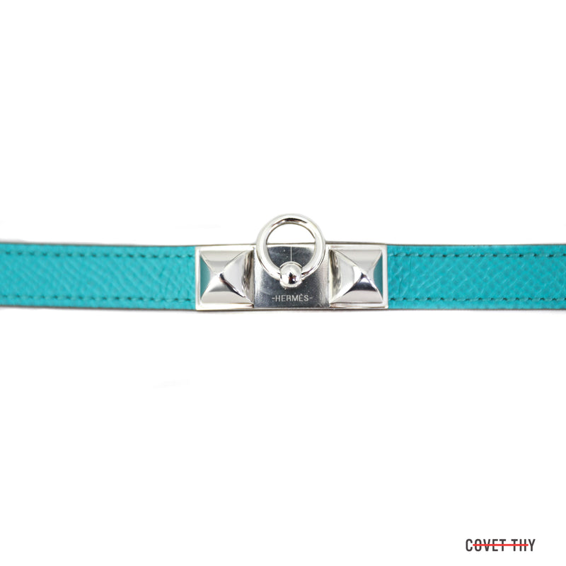 Hermes Rivale Double Tour Bracelet with Palladium Hardware, Blue Paon, Size XS