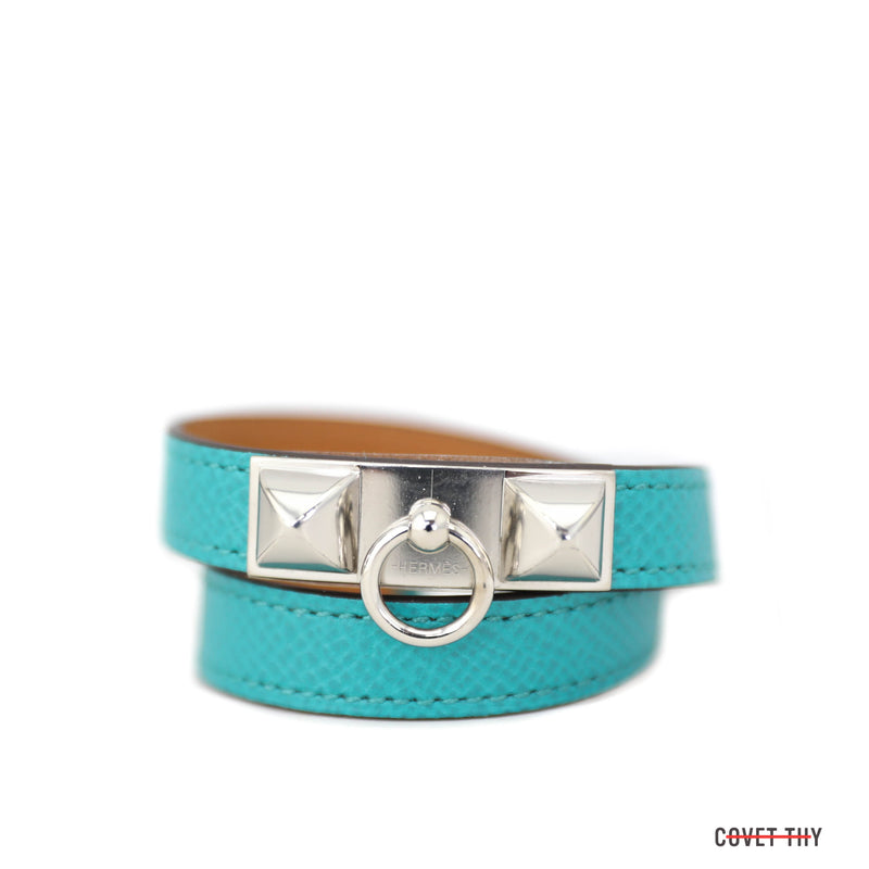 Hermes Rivale Double Tour Bracelet with Palladium Hardware, Blue Paon, Size XS