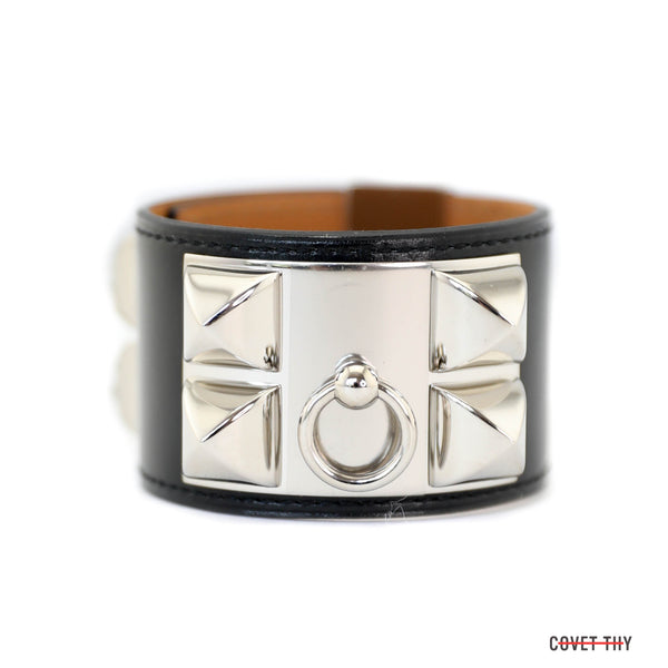 Size Small Hermes Collier de Chien Bracelet in Noir Calfskin with Palladium Hardware