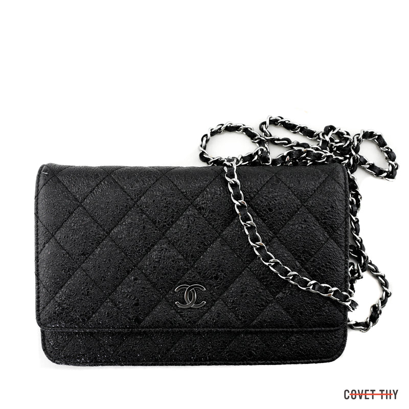Chanel Glittery Wallet On A Chain with Silver Hardware, Black