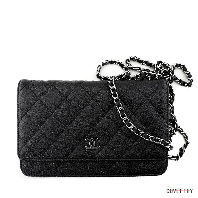 Black Chanel Glittery Wallet on A Chain with Silver Hardware