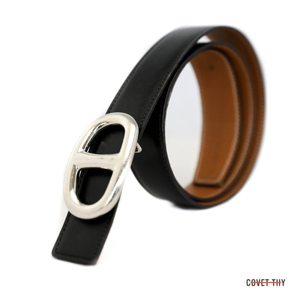 Hermes Chaine d' Andre Belt with Palladium Buckle and a Reversible Noir/Gold Leather Belt Strap 