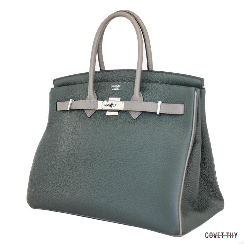 Hermes Bi-Color Vert Cypress/Etain Togo Birkin with Palladium Hardware, 35cm
