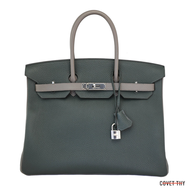 35cm Bi-Color Vert Cypress/Etain Hermes Togo Birkin with Palladium Hardware