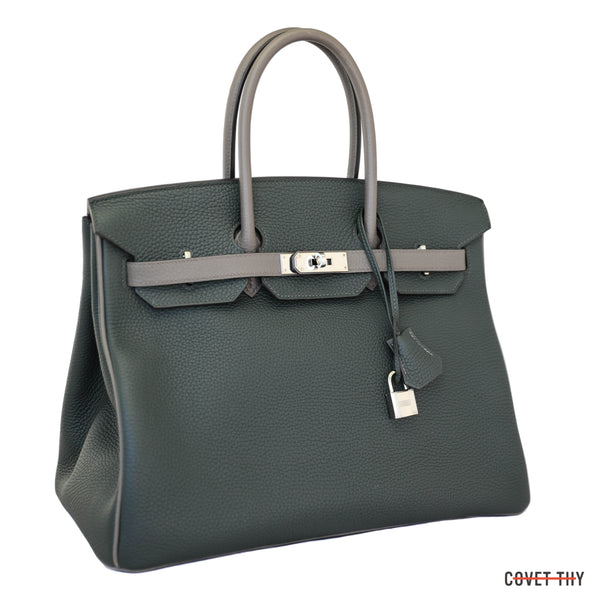 Hermes Bi-Color Vert Cypress/Etain Togo Birkin with Palladium Hardware, 35cm