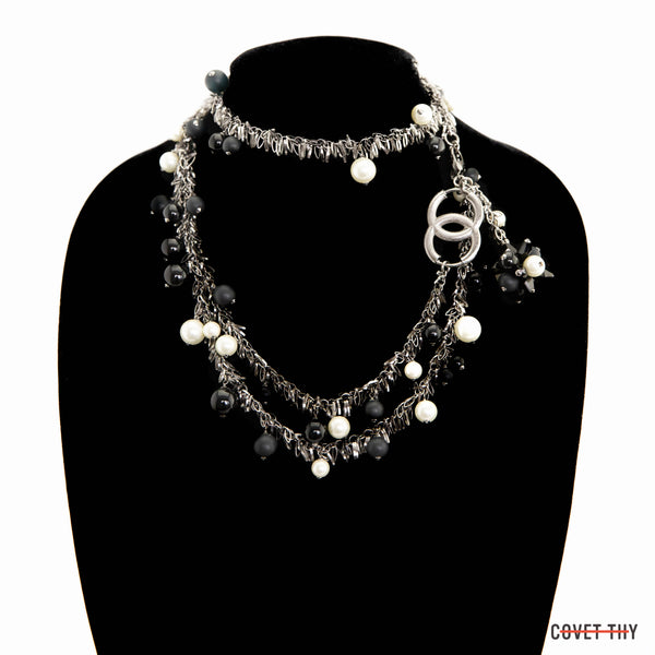 Chanel Double Chain Pine Needle Belt in Black and White