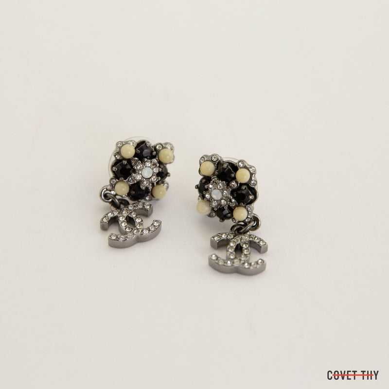 Chanel Strass CC Drop Pierced Earrings, Black and White