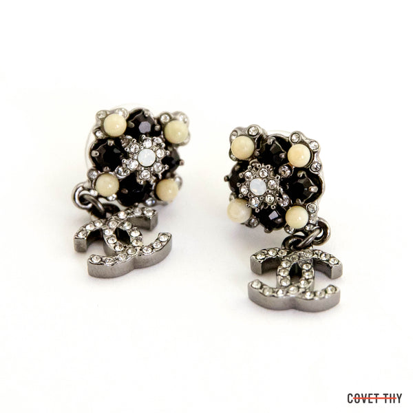 Chanel Strass CC Earrings, Black and White