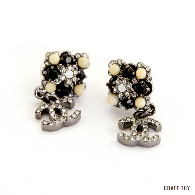 Black and White Chanel Strass CC Drop Earrings for pierced ears