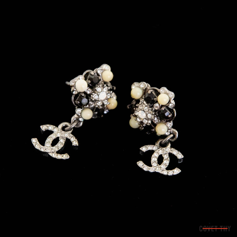 Chanel Strass CC Drop Pierced Earrings, Black and White