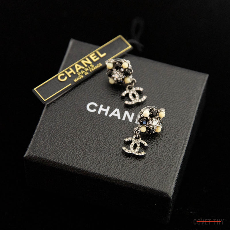 Chanel Strass CC Drop Pierced Earrings, Black and White